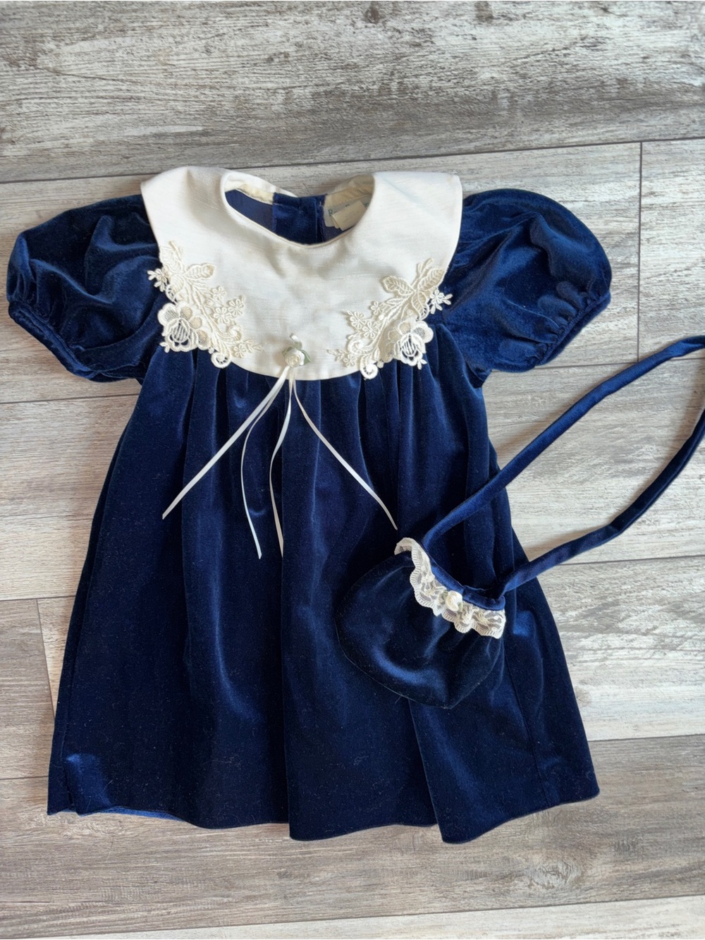 Rare editions girls Navy Velvet Dress with White Bib Collar and Matching Purse